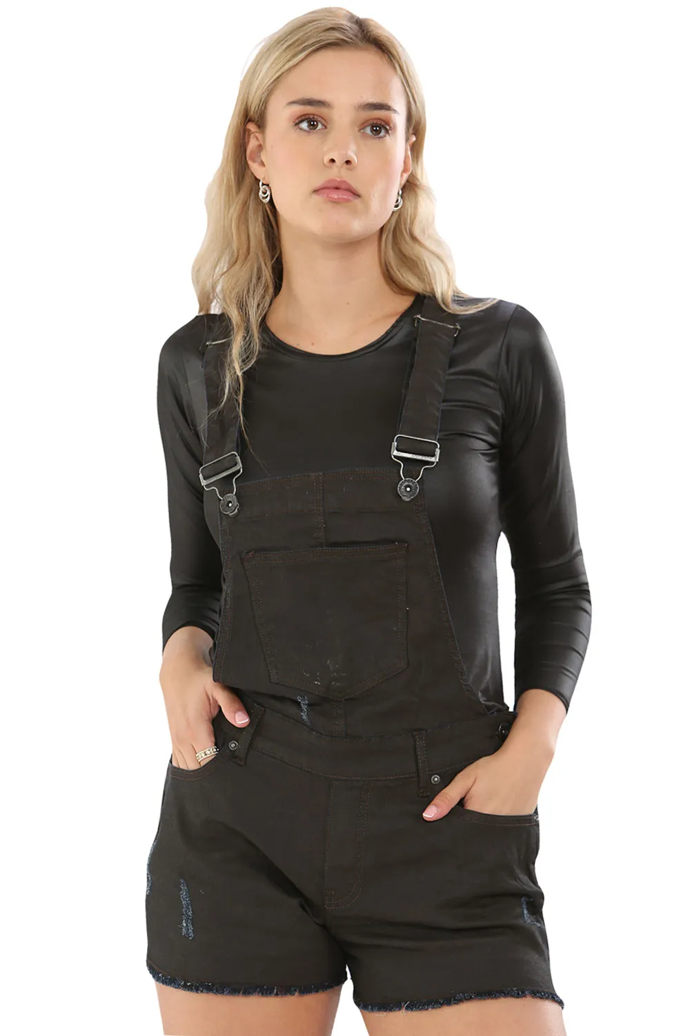 Ladies Coated Brown Denim Stretchable Dungaree