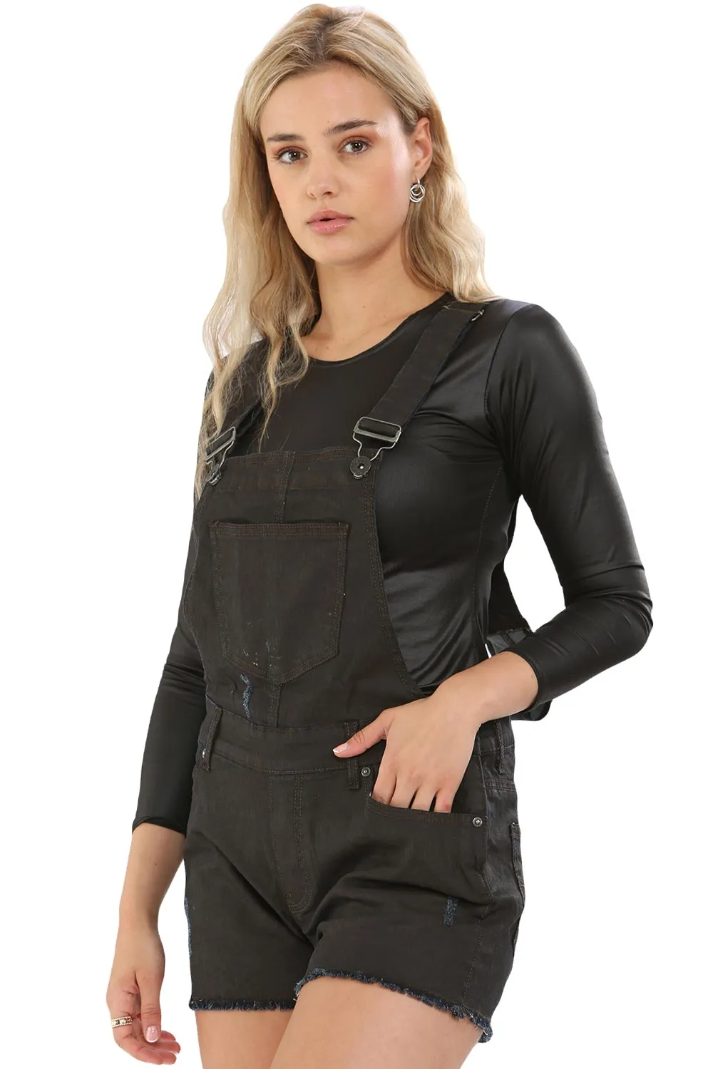 Ladies Coated Brown Denim Stretchable Dungaree