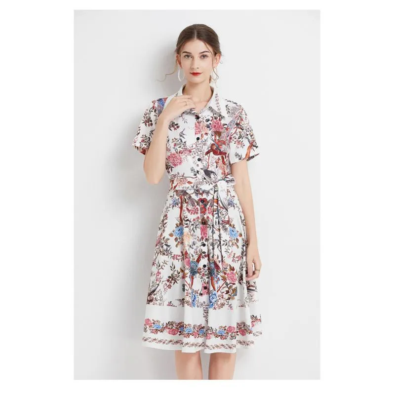 Lapel Retro Print Waist Belt Slimming Pattern A-Line Dress