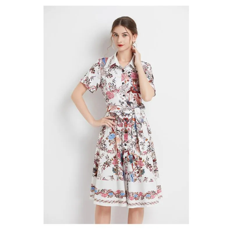 Lapel Retro Print Waist Belt Slimming Pattern A-Line Dress