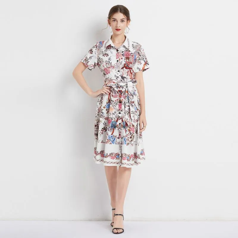 Lapel Retro Print Waist Belt Slimming Pattern A-Line Dress