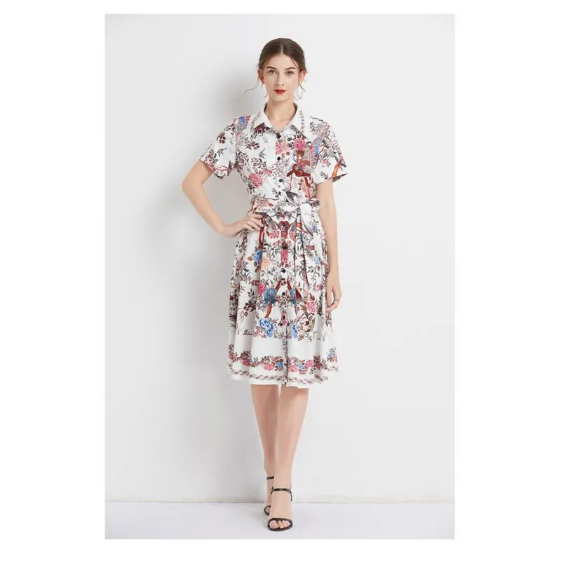 Lapel Retro Print Waist Belt Slimming Pattern A-Line Dress