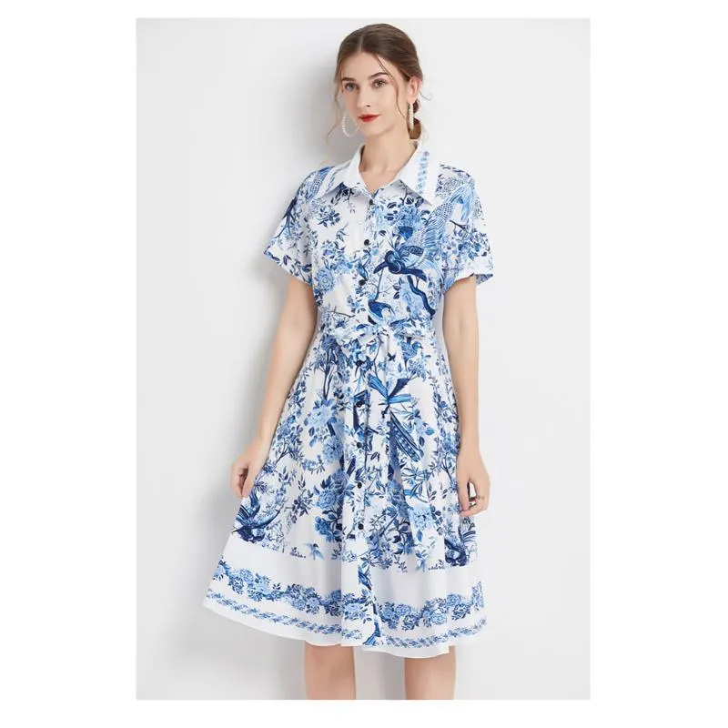 Lapel Retro Print Waist Belt Slimming Pattern A-Line Dress