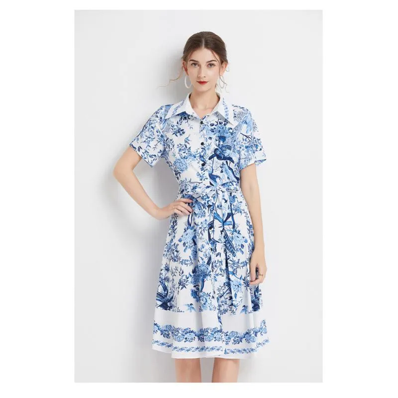 Lapel Retro Print Waist Belt Slimming Pattern A-Line Dress