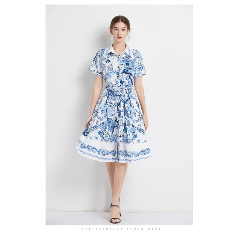 Lapel Retro Print Waist Belt Slimming Pattern A-Line Dress