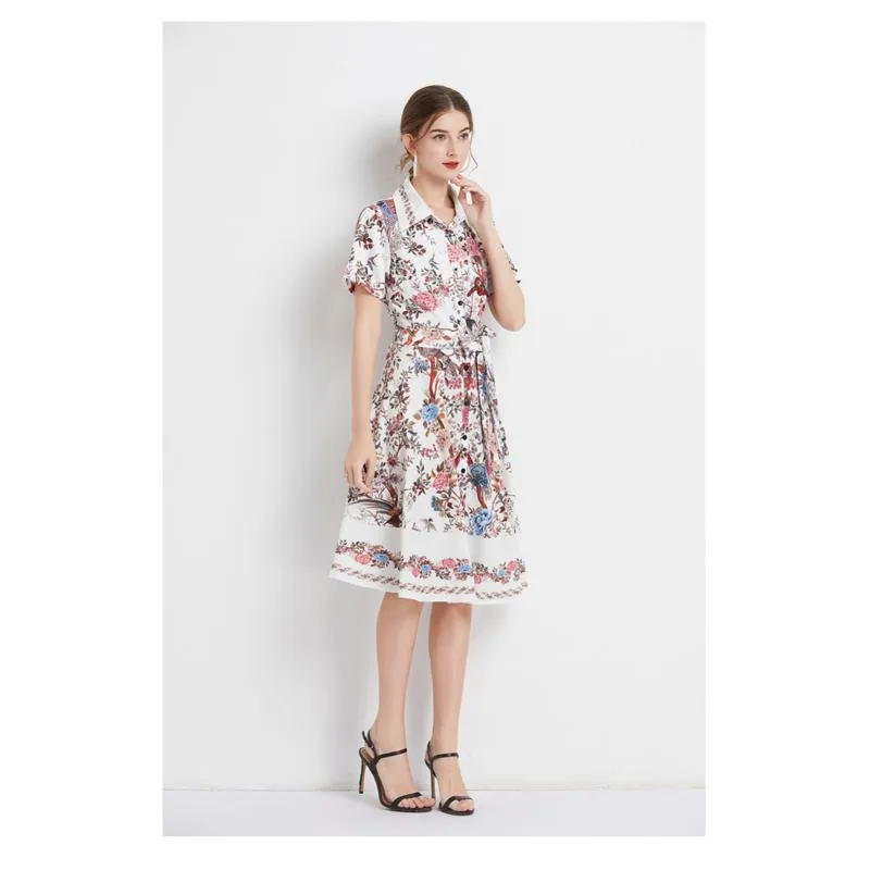 Lapel Retro Print Waist Belt Slimming Pattern A-Line Dress