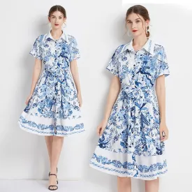 Lapel Retro Print Waist Belt Slimming Pattern A-Line Dress