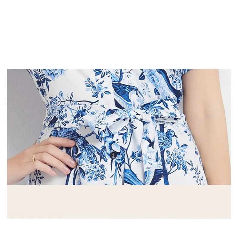 Lapel Retro Print Waist Belt Slimming Pattern A-Line Dress