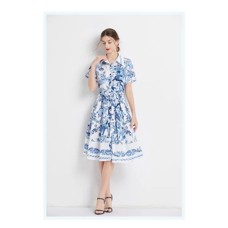 Lapel Retro Print Waist Belt Slimming Pattern A-Line Dress