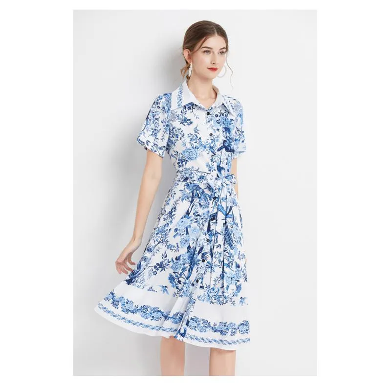 Lapel Retro Print Waist Belt Slimming Pattern A-Line Dress