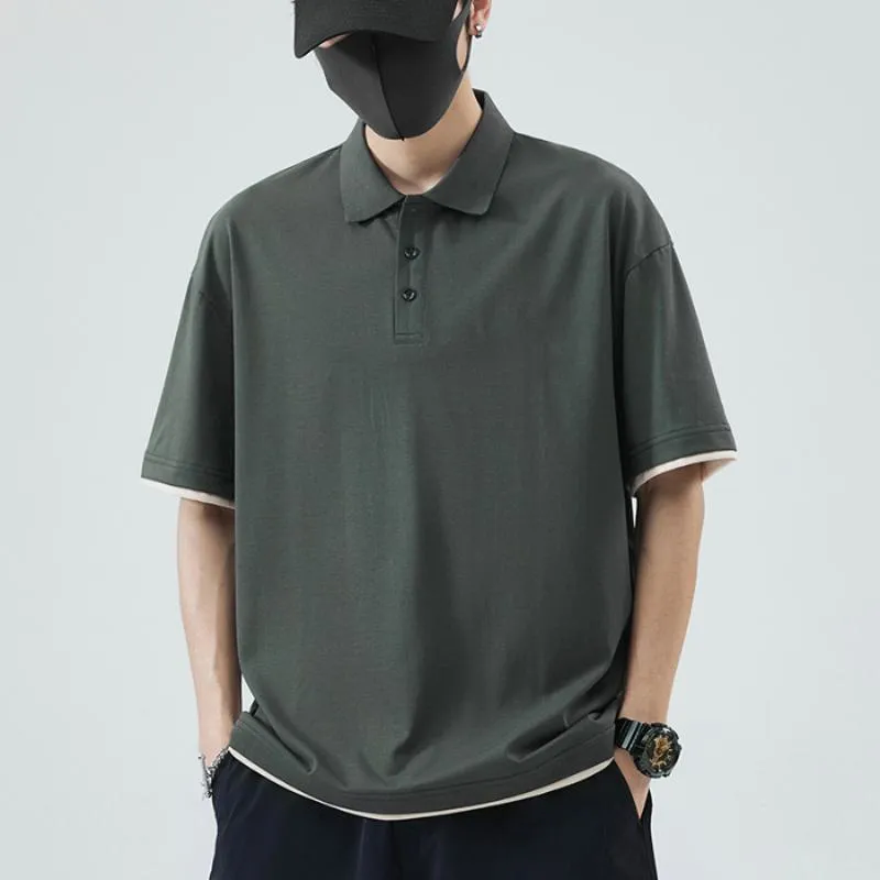 Loose-Fit Lapel Faux-Two-Piece Drop Shoulder Short Sleeve Polo Shirt