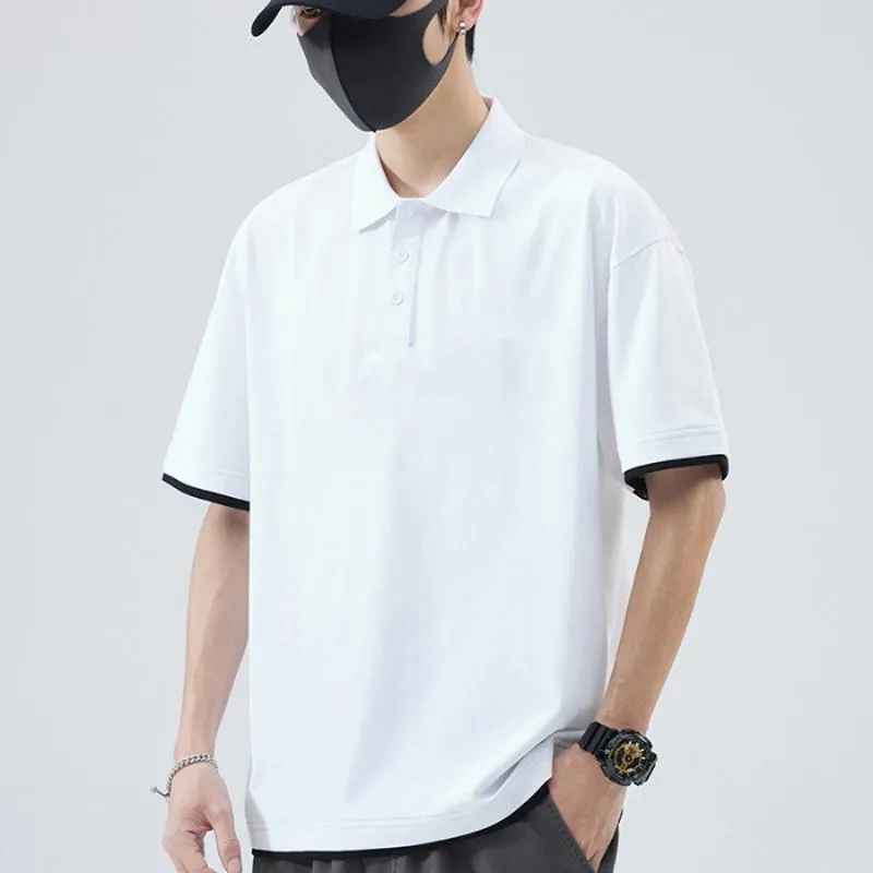 Loose-Fit Lapel Faux-Two-Piece Drop Shoulder Short Sleeve Polo Shirt