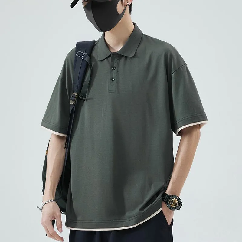 Loose-Fit Lapel Faux-Two-Piece Drop Shoulder Short Sleeve Polo Shirt