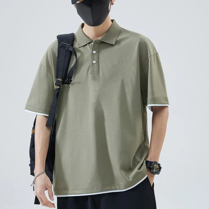 Loose-Fit Lapel Faux-Two-Piece Drop Shoulder Short Sleeve Polo Shirt