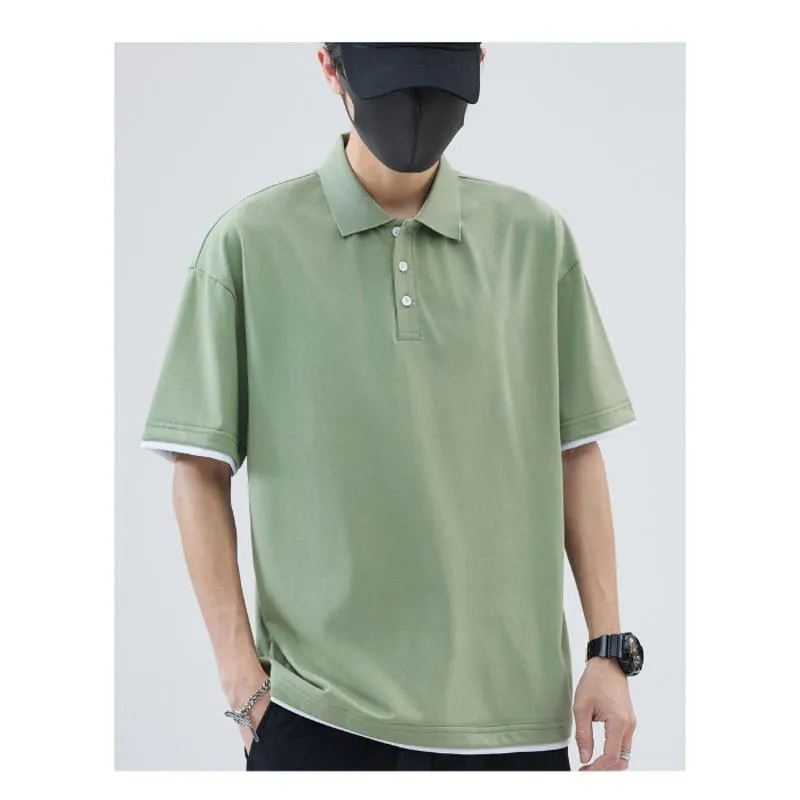 Loose-Fit Lapel Faux-Two-Piece Drop Shoulder Short Sleeve Polo Shirt