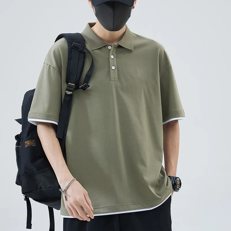 Loose-Fit Lapel Faux-Two-Piece Drop Shoulder Short Sleeve Polo Shirt