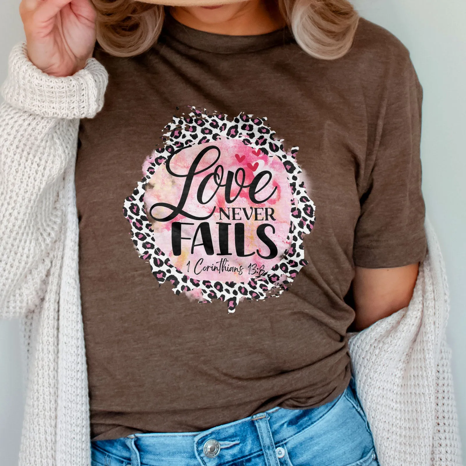 Love Never Fails Pink Leopard 1 Corinthians 13:8 Tee Shirts For Women - Christian Shirts for Women - Religious Tee Shirts