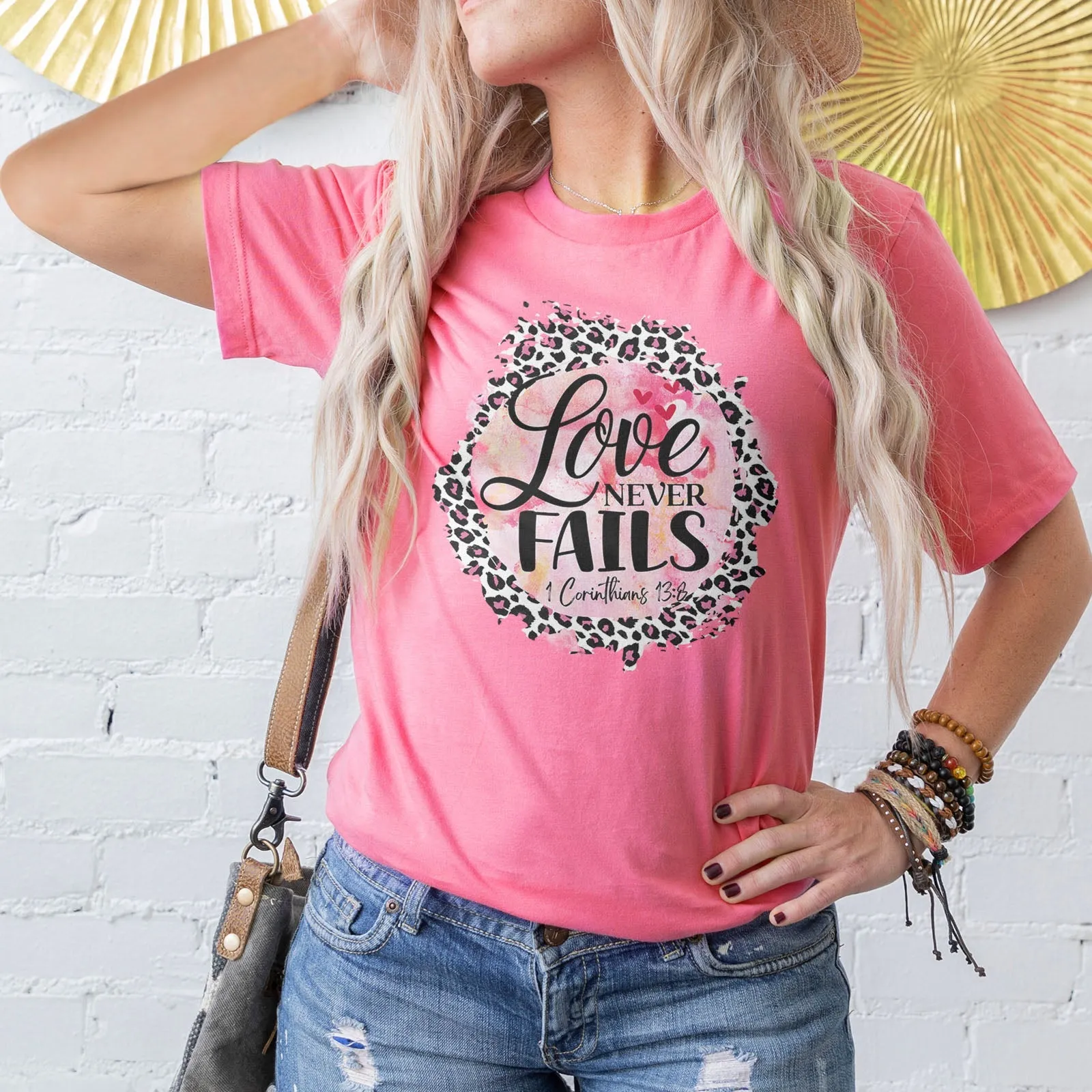 Love Never Fails Pink Leopard 1 Corinthians 13:8 Tee Shirts For Women - Christian Shirts for Women - Religious Tee Shirts