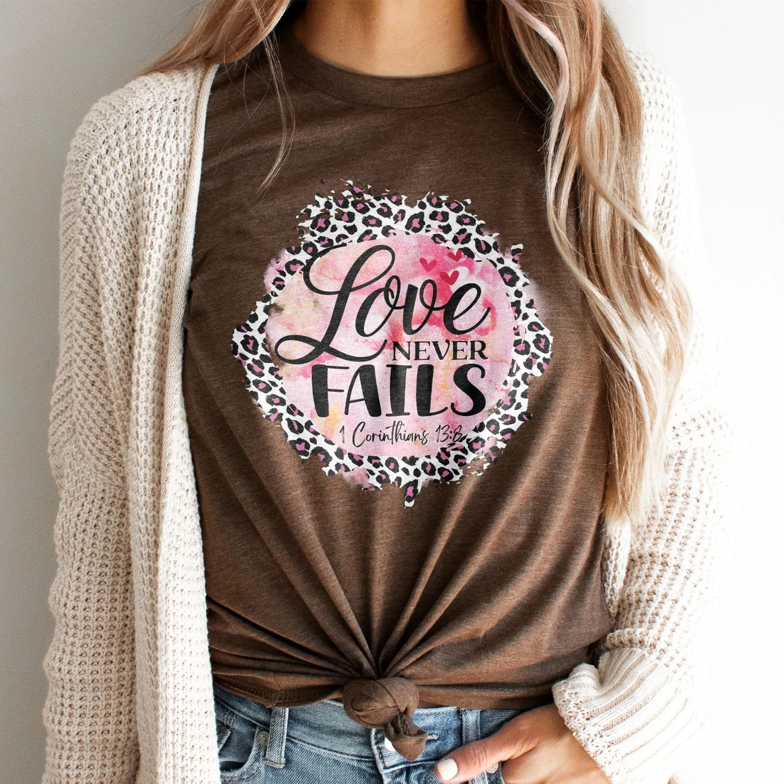 Love Never Fails Pink Leopard 1 Corinthians 13:8 Tee Shirts For Women - Christian Shirts for Women - Religious Tee Shirts