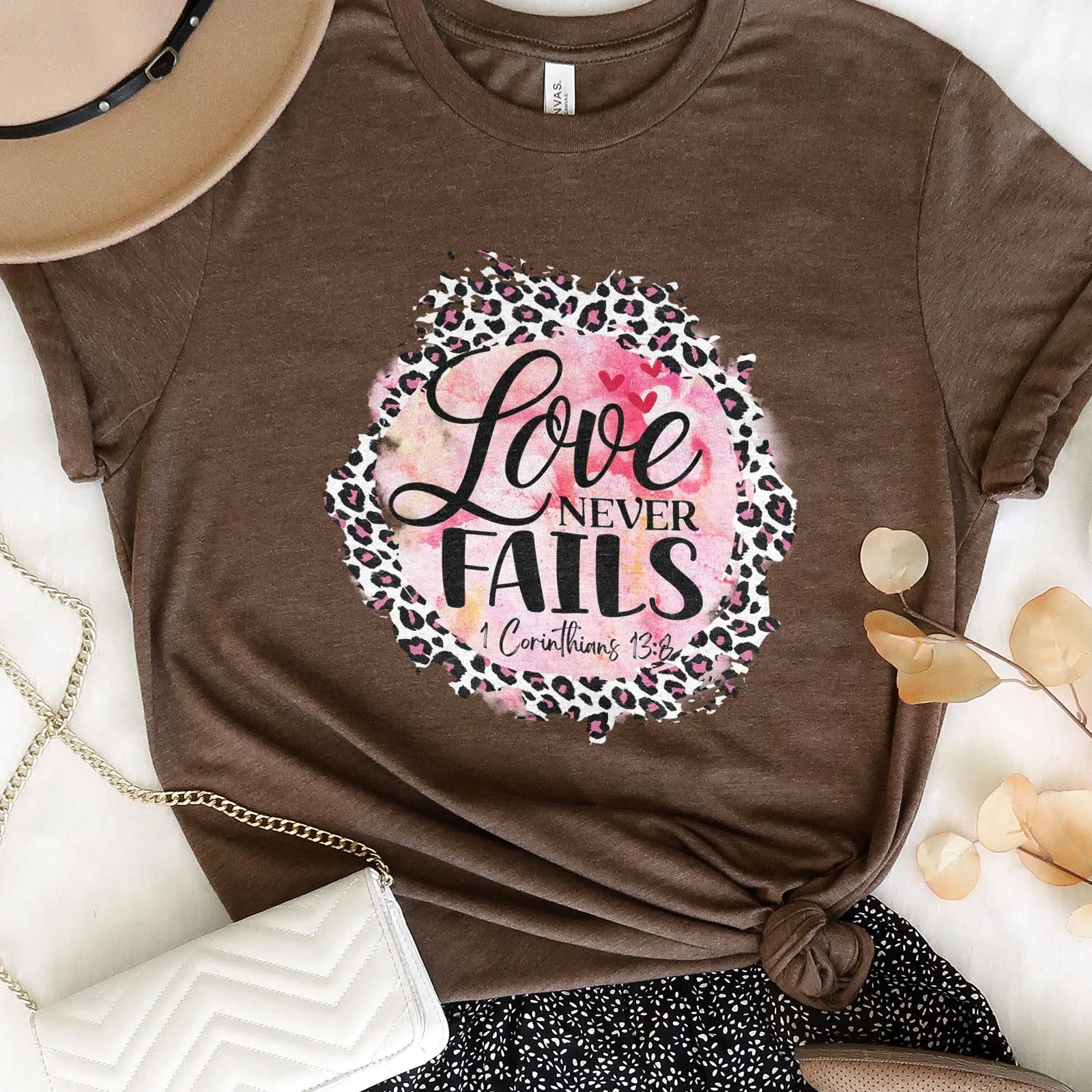 Love Never Fails Pink Leopard 1 Corinthians 13:8 Tee Shirts For Women - Christian Shirts for Women - Religious Tee Shirts