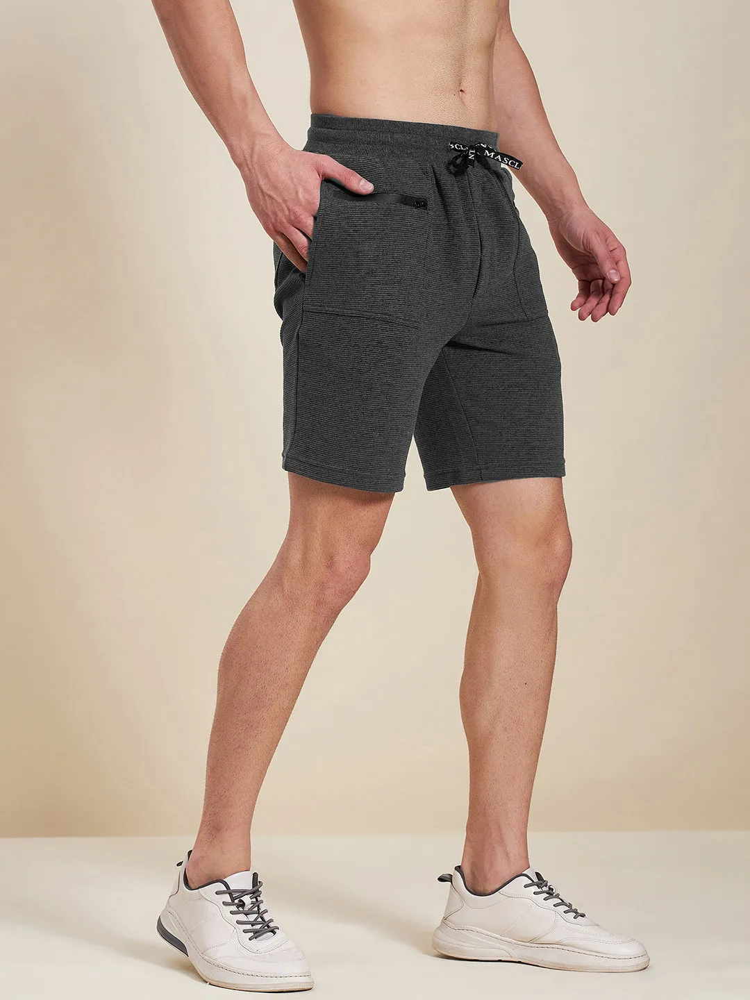 Men Charcoal Melange Zipper Pocket Bermuda Shorts