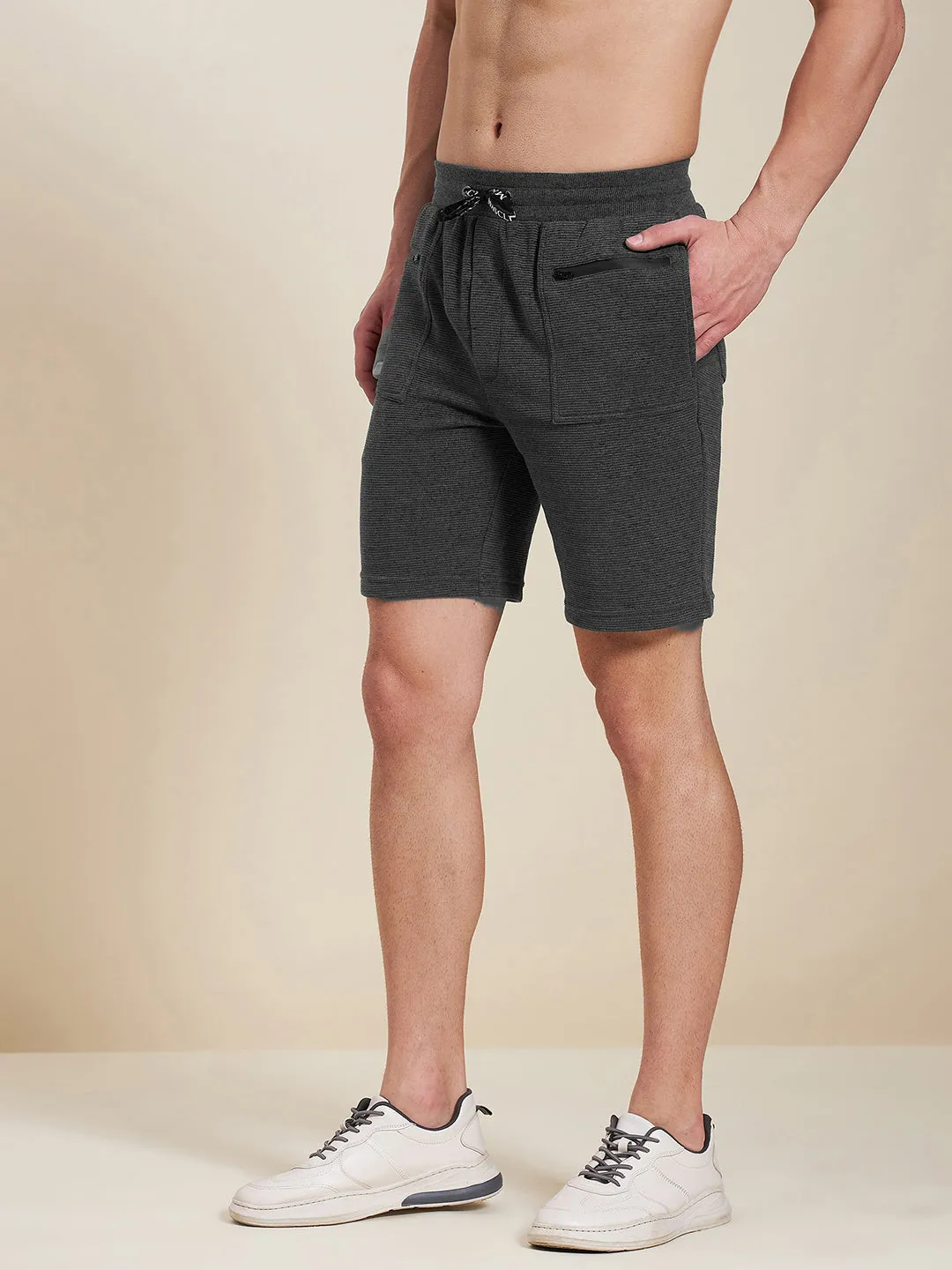 Men Charcoal Melange Zipper Pocket Bermuda Shorts