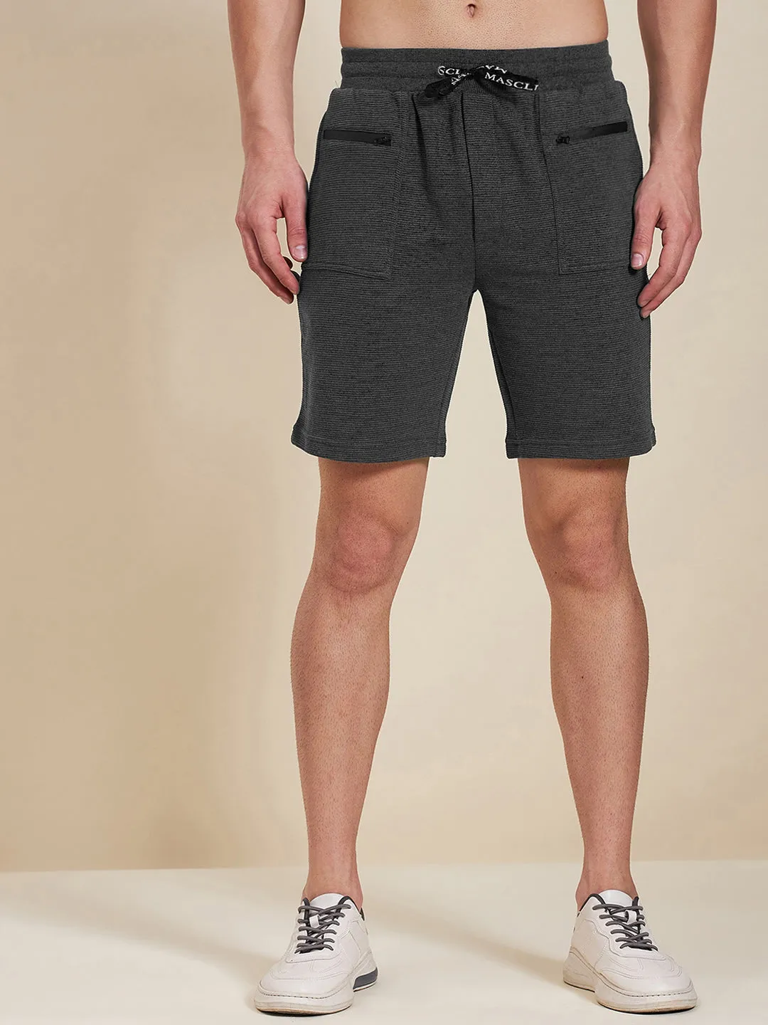 Men Charcoal Melange Zipper Pocket Bermuda Shorts