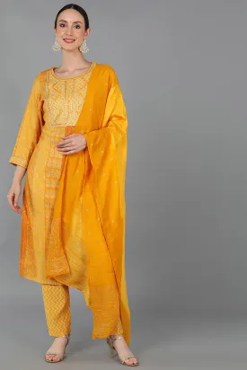 Mustard Silk Blend Ethnic Motifs Straight Kurta Trousers With Dupatta