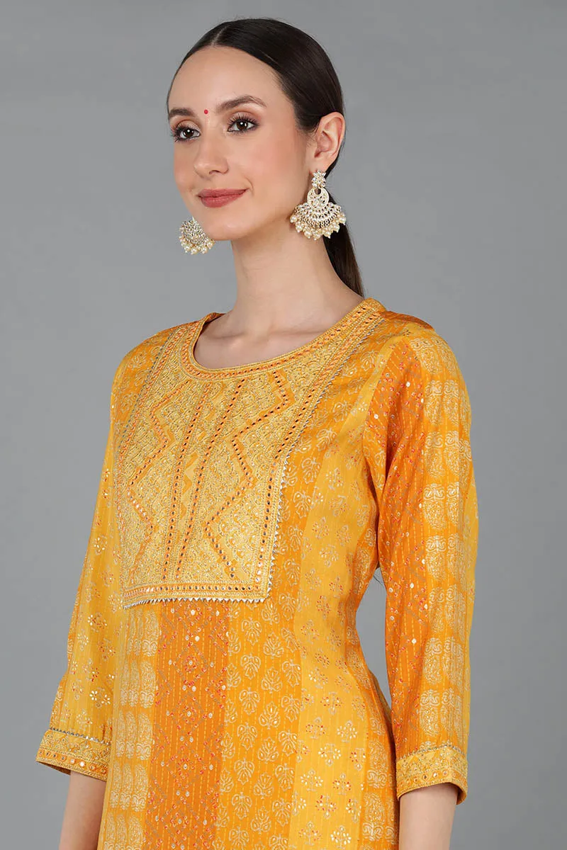 Mustard Silk Blend Ethnic Motifs Straight Kurta Trousers With Dupatta