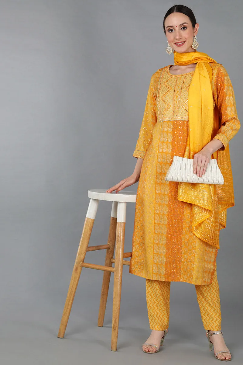 Mustard Silk Blend Ethnic Motifs Straight Kurta Trousers With Dupatta