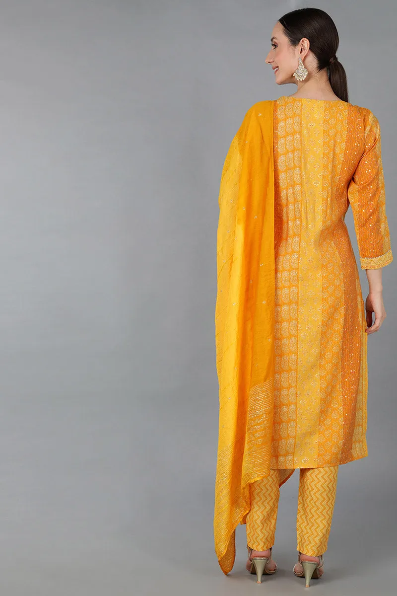 Mustard Silk Blend Ethnic Motifs Straight Kurta Trousers With Dupatta