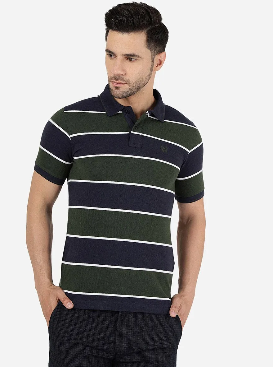 Navy Blue & Olive Striped Slim Fit Polo T-Shirt | Greenfibre