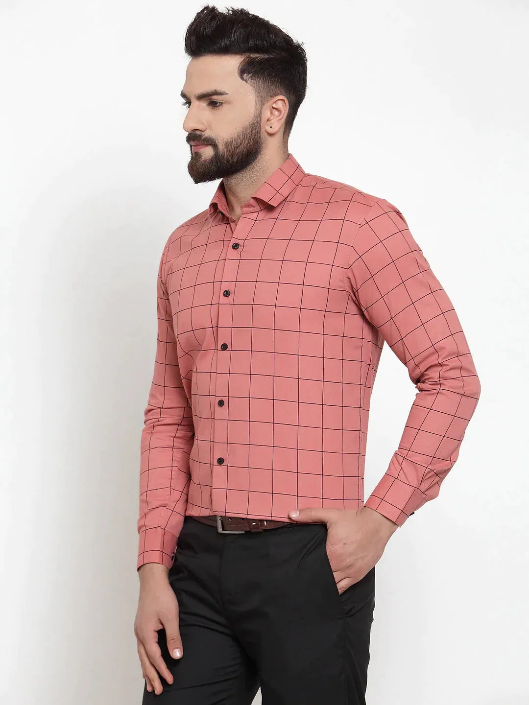 Peach Men'S Cotton Checked Formal Shirts