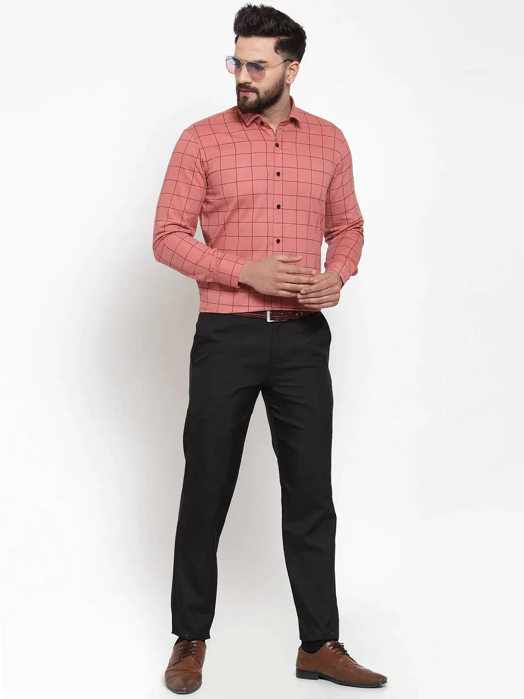 Peach Men'S Cotton Checked Formal Shirts