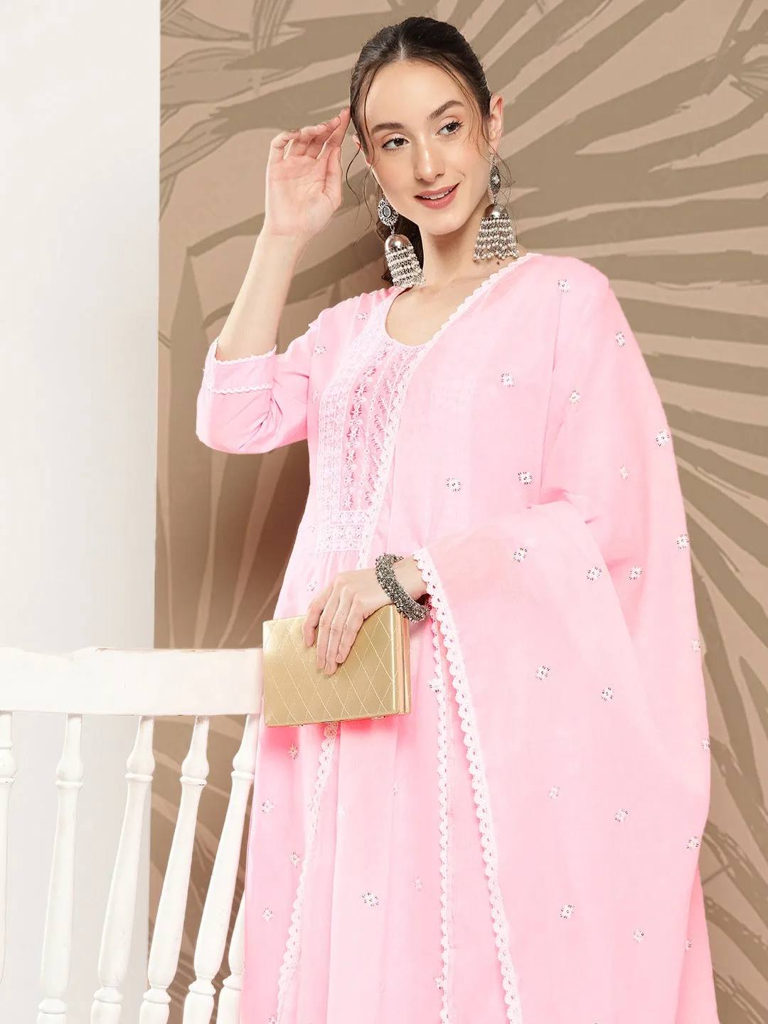 Pink Floral Embroidered Cotton Kurta Dupatta Set