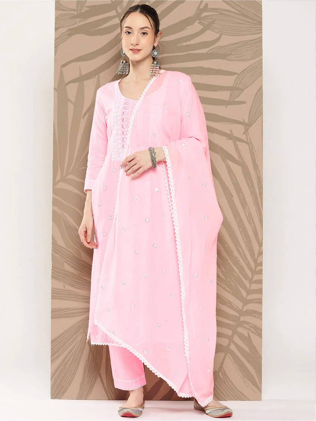 Pink Floral Embroidered Cotton Kurta Dupatta Set