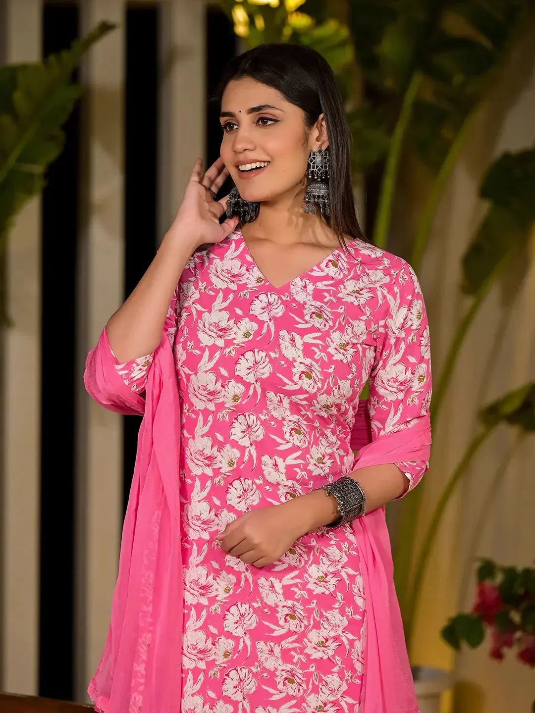 Pink Floral Print Cotton Straight Kurta With Trousers And Dupatta Set