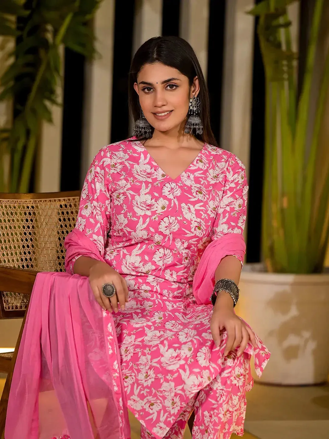 Pink Floral Print Cotton Straight Kurta With Trousers And Dupatta Set