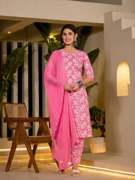 Pink Floral Print Cotton Straight Kurta With Trousers And Dupatta Set