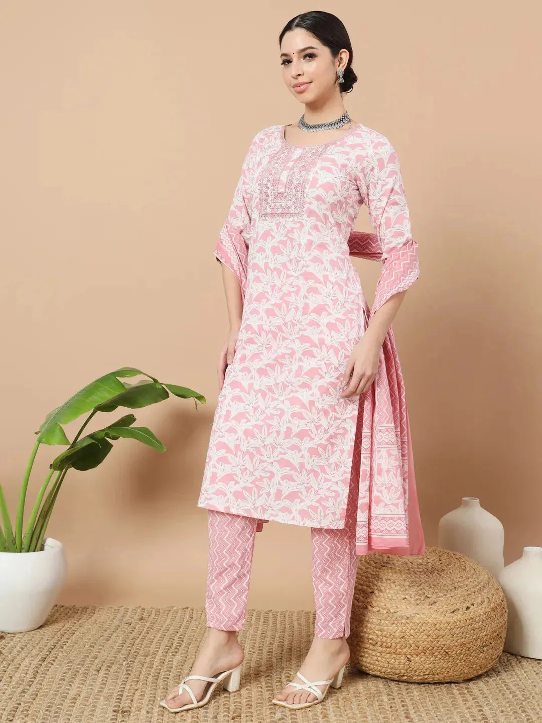 Pink Floral Print Sequins_Work Straight Kurta Trouser And Dupatta Set