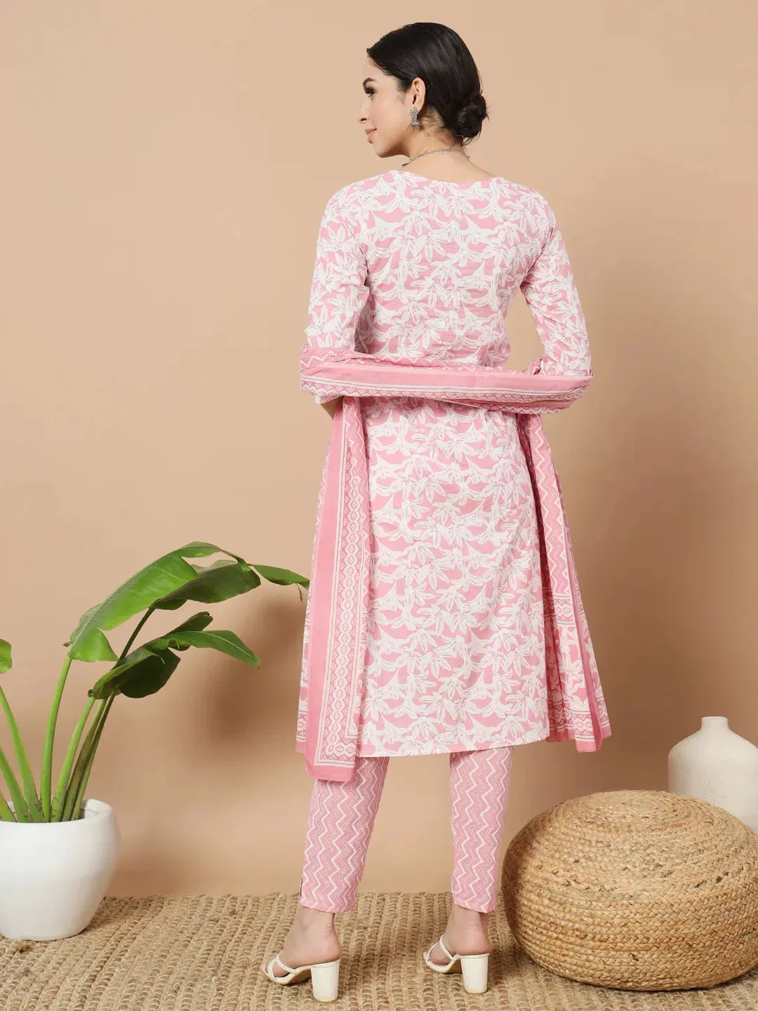 Pink Floral Print Sequins_Work Straight Kurta Trouser And Dupatta Set