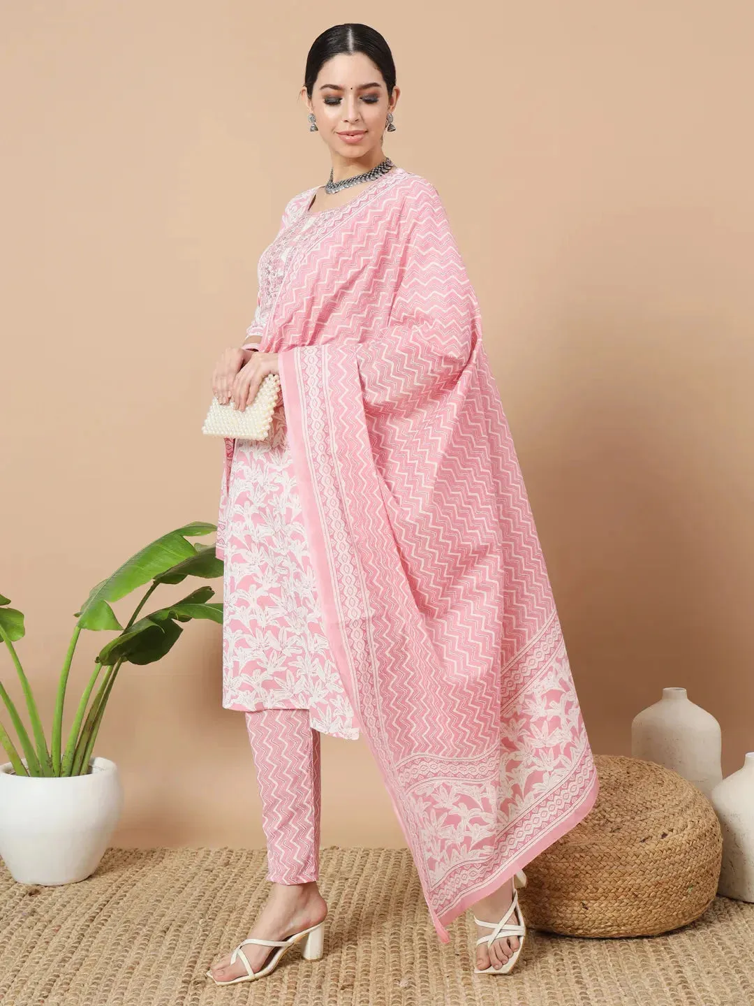 Pink Floral Print Sequins_Work Straight Kurta Trouser And Dupatta Set