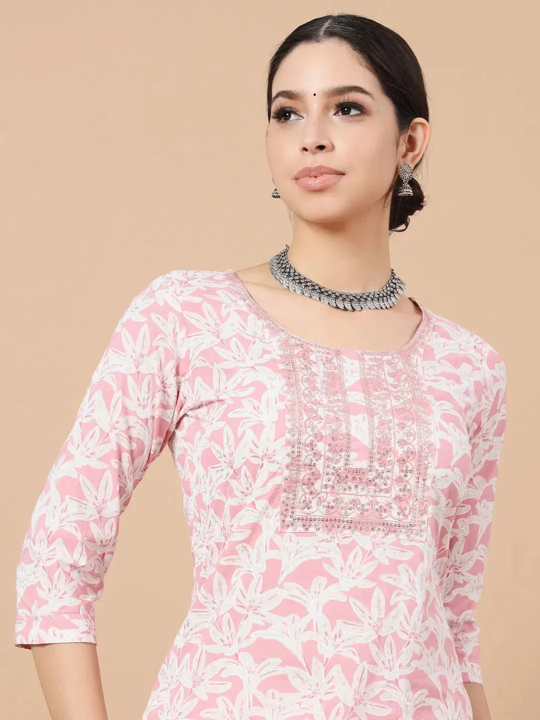 Pink Floral Print Sequins_Work Straight Kurta Trouser And Dupatta Set