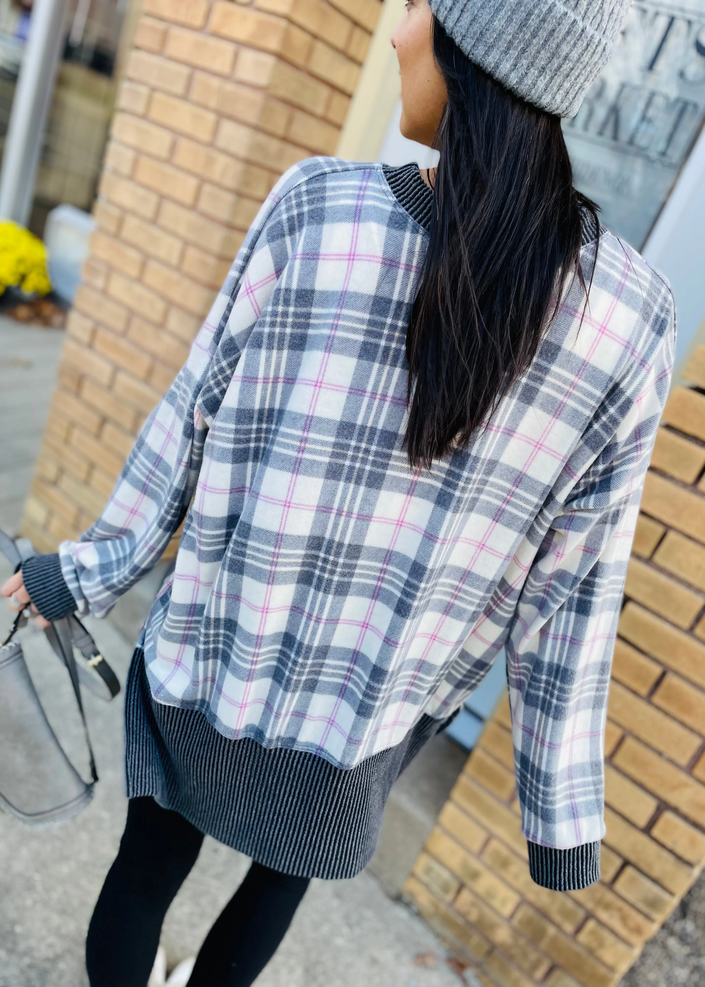 Plaid Brushed Top with Side Slits