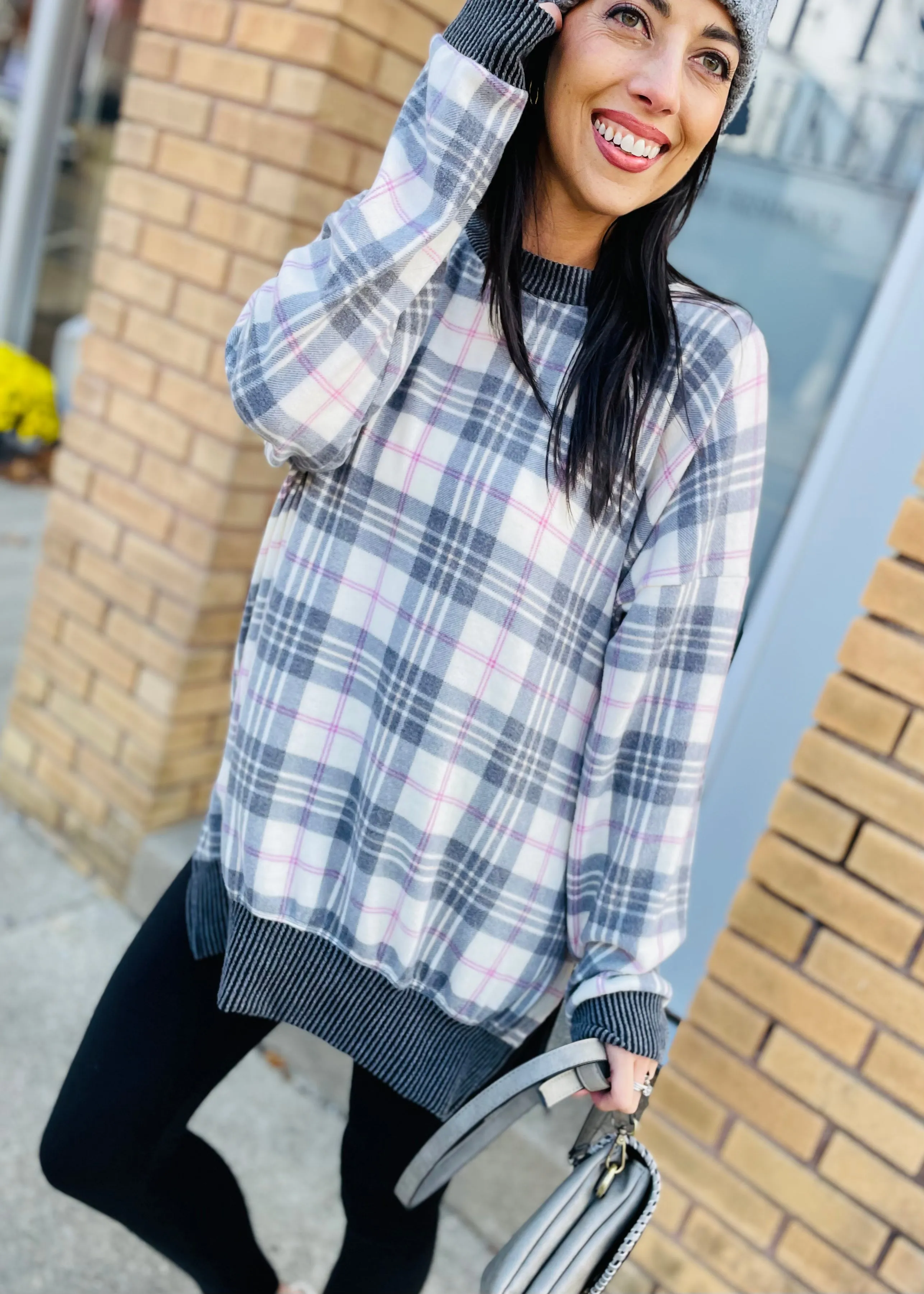 Plaid Brushed Top with Side Slits