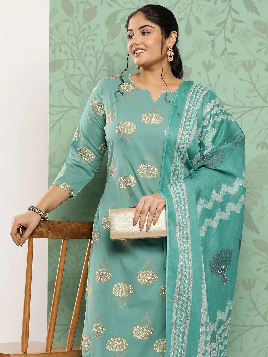 Plus Size Printed Cotton Kurta Dupatta Set