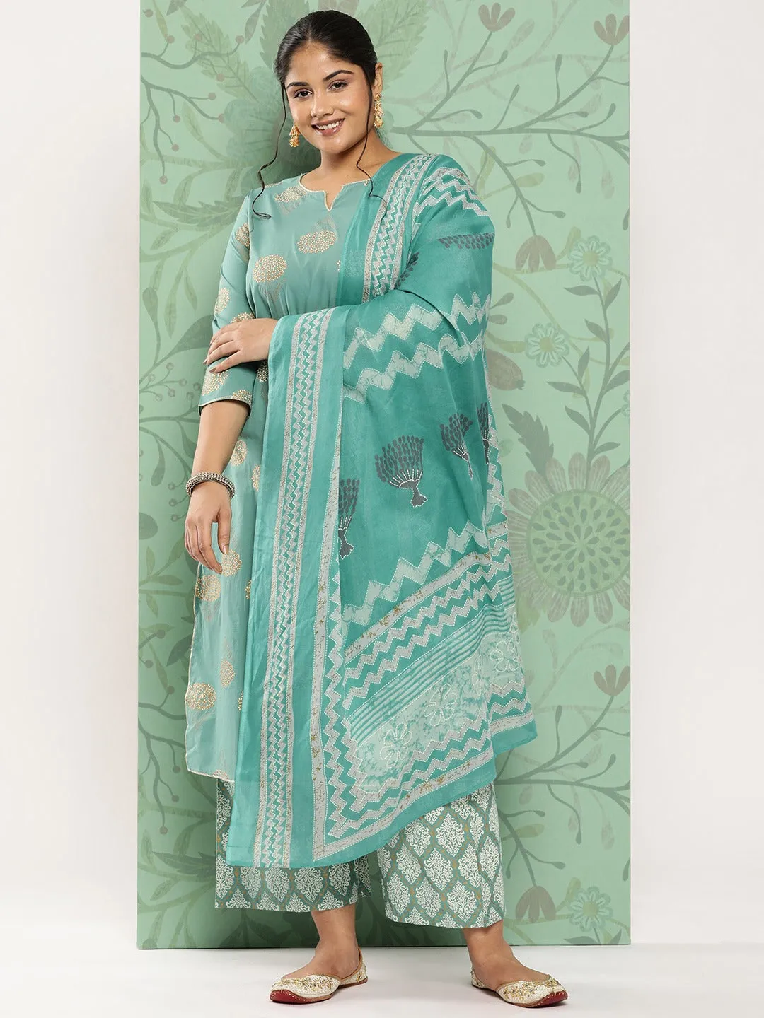 Plus Size Printed Cotton Kurta Dupatta Set