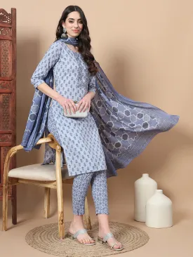 Purple Block Print,Thread_Work Straight Kurta Trouser And Dupatta Set