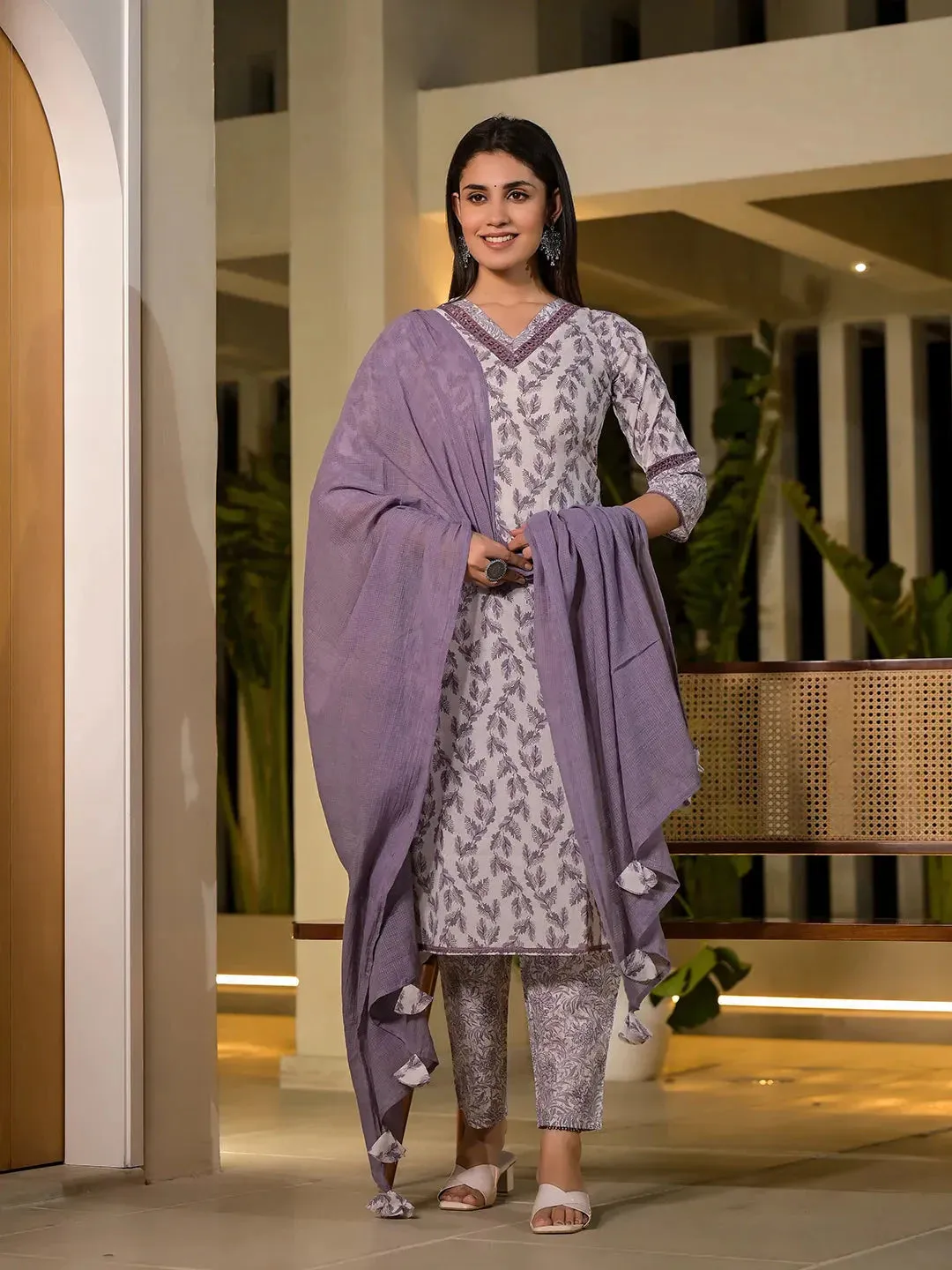 Purple Leaf Print Cotton Straight Kurta With Trousers And Dupatta Set