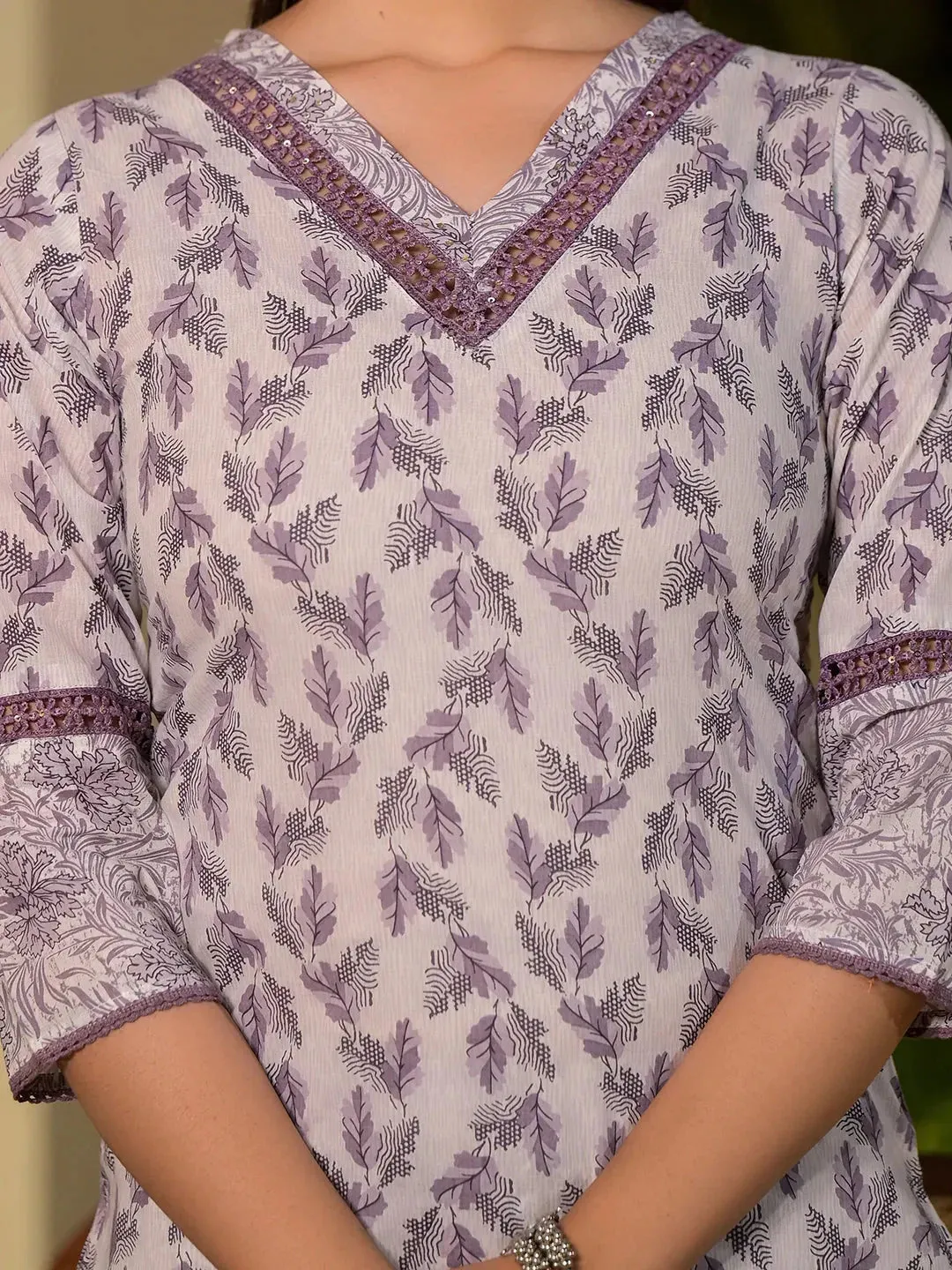 Purple Leaf Print Cotton Straight Kurta With Trousers And Dupatta Set